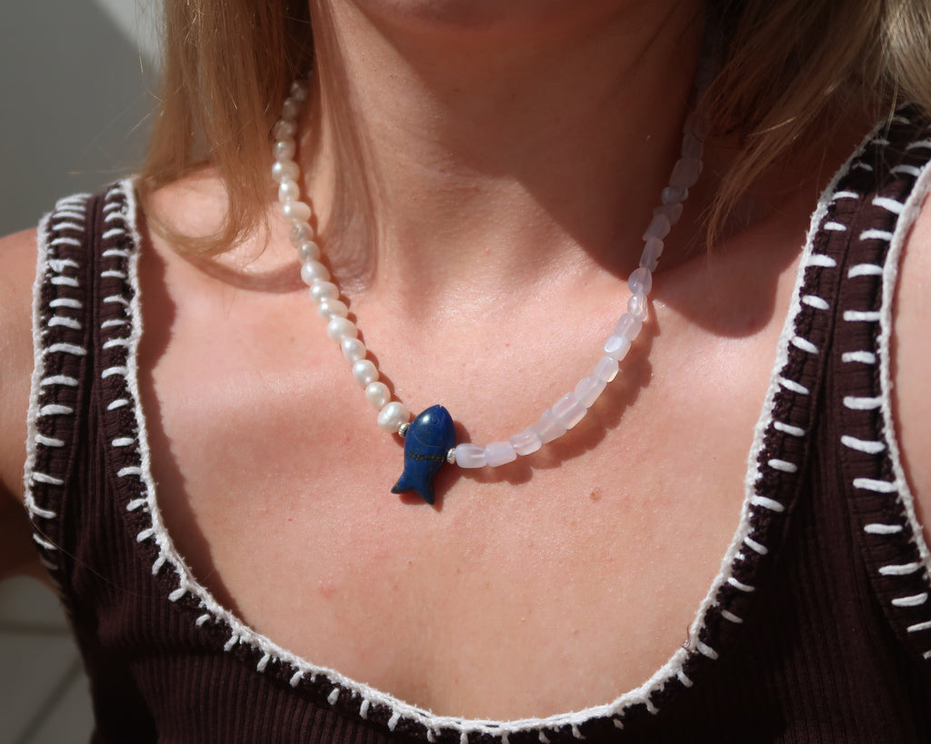 Blue Crush Fish Beaded Necklace (Made to order)